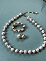 Parure Faux Cream Pearl &amp; Goldtone Spacer Bead Necklace Open Oval Brooch &amp; Post  - £19.06 GBP