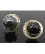 925 Sterling Silver - Vintage Cabochon Hematite &amp; Onyx Stud Earrings - E... - $27.19