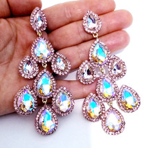 Rhinestone Pierced Earrings, Oversized Chandelier Earrings, Pink AB Drop Pageant - £40.26 GBP