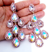 Rhinestone Pierced Earrings, Oversized Chandelier Earrings, Pink AB Drop... - £40.36 GBP