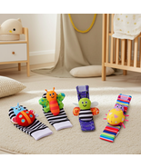 Baby Wrist Rattle Socks Set, Colorful Animal Design, Zebra Stripes - $17.99