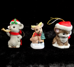 Christmas Animals Vtg Ornaments Cat Mouse Moose Lot of 3 Bell Flocked Hanging - £15.07 GBP