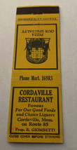 Vintage Matchbook Cover Matchcover Cordaville Restaurant MA - £2.47 GBP
