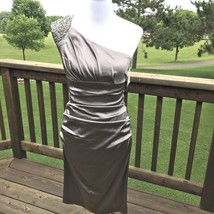 Suzi Chin Maggy One Shoulder Sheath Dress 2 Taupe Ruched Embellished  - $194.41 MXN