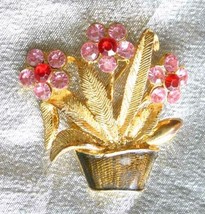 Pink Rhinestone &amp; Enamel Gold-tone Flower Basket Brooch 1980s vintage 1 ... - £9.71 GBP