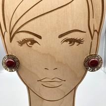 Vintage Burgundy Cabochon Earrings in Gold Tone Filigree Frame Clip Ons, Chic - £22.42 GBP