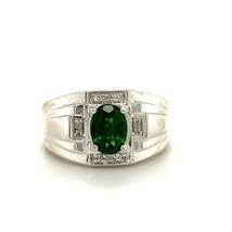 Vintage Sterling Signed D&#39;Joy Oval Diopside with Zircon Stone Dome Men&#39;s Ring 8 - £44.21 GBP