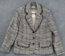 Tweed Blazer Jacket Black Cream Fringe Trim Classic Career Petite 14P - $44.54