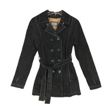 WILSONS LEATHER Black Suede Double Breasted Women&#39;s M Jacket Belted Tren... - $43.54