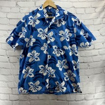 Natiny Hawaiian Shirt Mens Sz L Blue White Hibiscus Print Button Up - $17.07