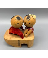 Vtg Kokeshi Doll Girl Boy Sitting Wooden Shoe Folk Art Handmade - $15.57
