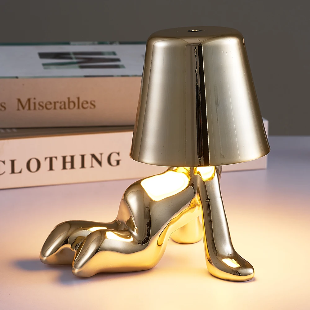 Italian Designer Little Golden Man Night Light Rechargeable Iron Art Orn... - $34.03+