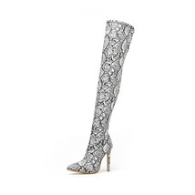 Women Sexy Grey Snakeskin Printed Over-the-knee Boots Stiletto Heels Lace-up Pyt - £63.21 GBP