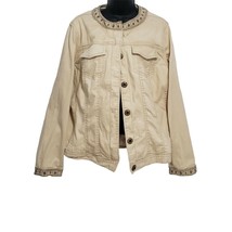 Avenue AV/X Khaki Beige Denim Embellished Jewel Trim Jacket size 14-16 - £14.21 GBP