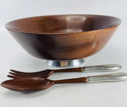 Vintage Mahogany Wood Footed Salad Bowl 11.5” w Serving Spoon Fork Marked France - £35.21 GBP