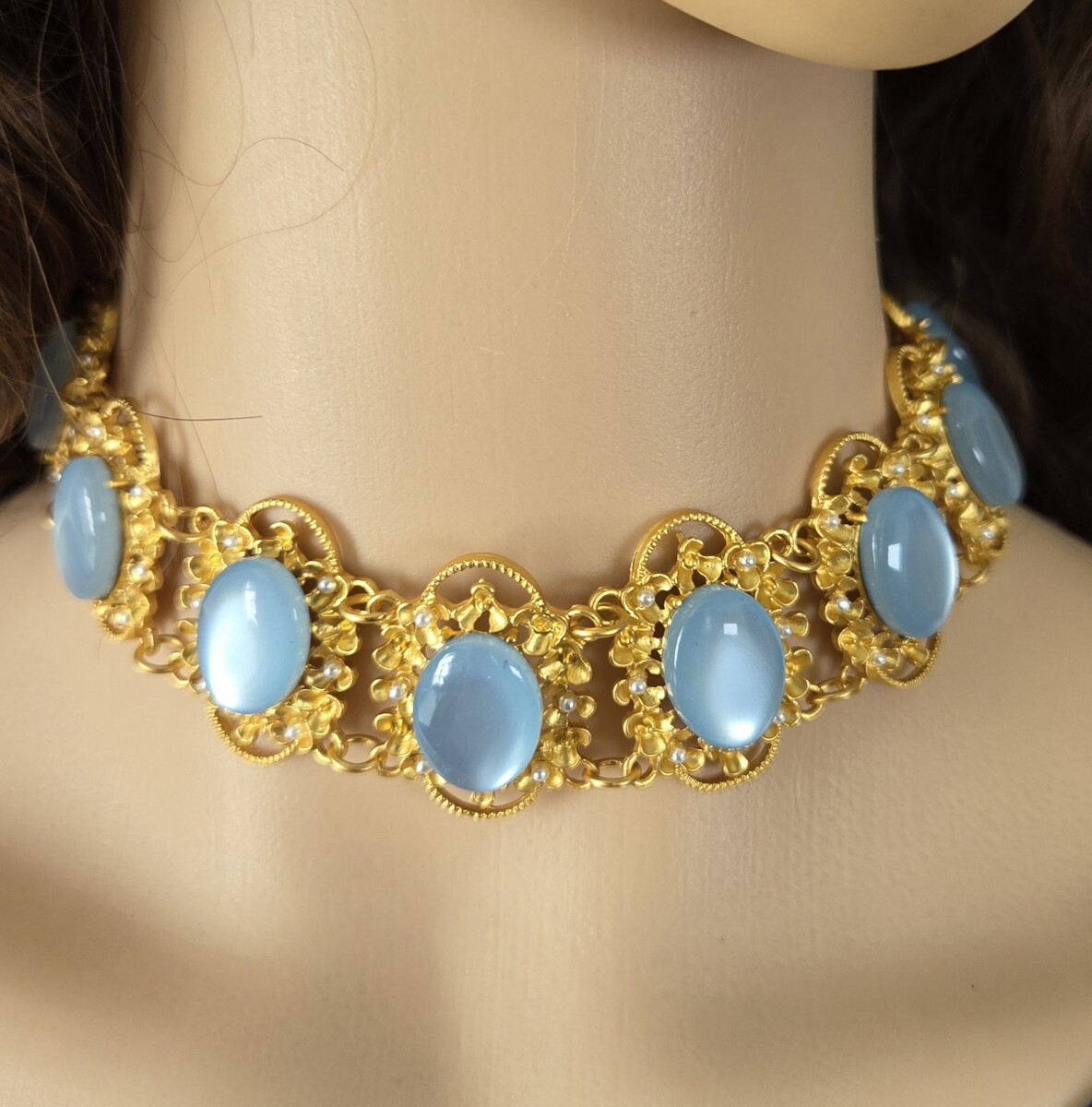 Moonglow Blue Lucite Gold Link Collar, Vintage Filigree Choker Necklace - $29.69