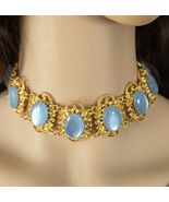 Moonglow Blue Lucite Gold Link Collar, Vintage Filigree Choker Necklace - $29.69