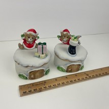 Vtg 2 Homco Christmas Holiday Teddy Bears Trinket Box Round Porcelain w Lid Deco - £14.89 GBP