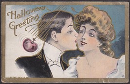 Halloween Greeting 1908 Color Emb. Postcard Man Kissing Woman &amp; Apple Bob - £15.46 GBP