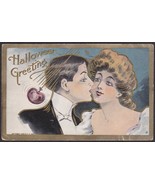 Halloween Greeting 1908 Color Emb. Postcard Man Kissing Woman &amp; Apple Bob - £15.53 GBP