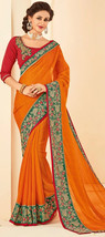 Designer Faux Chiffon Saree Indian with Patch and Stone Work Orange Red Green - £135.71 GBP