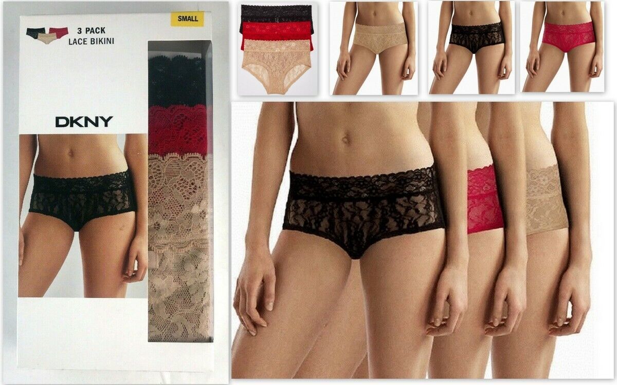 DKNY Women's 3-Pack Lace Bikini DK4080 Panties Ladies Underwear Black/Red/Nude S