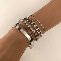 Cubic Zirconia &amp; Silver-Plated Chain &amp; Cuff Bracelet Set - £11.73 GBP