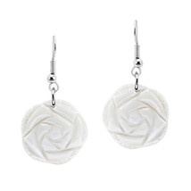Ocean White Rose Carved Mother of Pearl Shell Floral Dangle Earrings - £7.01 GBP