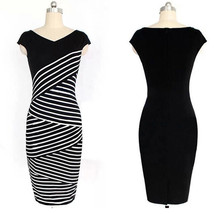 Summer Women Casual V Neck Dress Black and White Stripe Stitching Knee-L... - $15.43