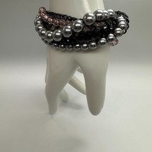 Premier Designs Beaded 7&quot; Multi Strand Bracelet Faux Pearl Black Pink Silver - $10.88