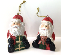 Vtg Christmas Tree Ornament Santa Claus w/ Gifts and Teddy Bear Lot 2pc Ceramic - £11.19 GBP