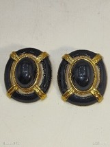 Vintage Signed Daria Gold Tone Clip Earrings Black Enamel Lucite Cabochon - £14.03 GBP