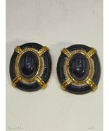 Vintage Signed Daria Gold Tone Clip Earrings Black Enamel Lucite Cabochon - £13.93 GBP