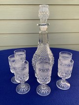 Anchor Hocking Wexford decanter w stopper, 6 wine glasses all very good,... - $29.69