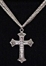 Vtg Rhinestone Cross &amp; Chains Necklace 2 3/4&quot; - £50.99 GBP