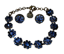 Vintage Monet Blue Rhinestone Bracelet and Earring 3 pc Set Silver Tone Signed - £25.90 GBP