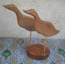  Hand Carved Mid Century Pair Of Wooden Shore Birds Figurines Statues On Stand - $96.03