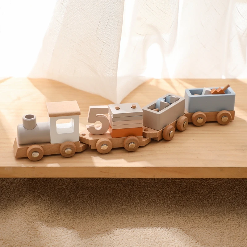 Wooden Train Birthday Block Toy Montessori Toys Baby Toys Baby Educational Toys - £22.87 GBP