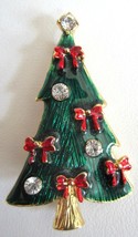 Christmas Tree Pin Brooch With Crystal Rhinestones Green and Red Enamel - $328.35 MXN