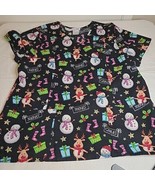 Womens Scrub Star Top XL Black Merry Christmas Reindeer Snowman Pockets  - $9.44