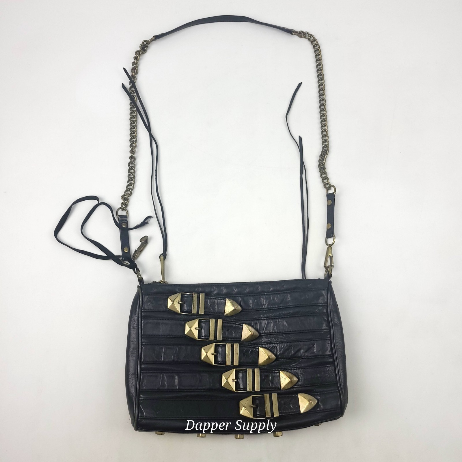 Rebecca Minkoff Black Leather Crossbody Bag 5 Buckle Straps 11x8&quot;  - $35.63