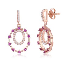 Sterling Silver Double Circle, Ruby CZ Earrings - Rose Gold Plated - £61.88 GBP