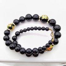 Hand Painted Japanese Beaded Necklace, Vintage Black and Gold Flowers Design - £15.69 GBP