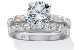 Round Baguette Cz 2 Piece Bridal Ring Set Platinum Sterling Silver 6 7 8 9 10 - £159.83 GBP
