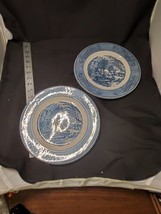 2 Currier and Ives blue 10&quot; Dinner Plates by Royal - Old Grist Mill patt... - $14.16