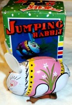 Jumping Bunny Rabbit Clockwork Wind Up Metal Tin Mechanical Toy Litho Print - £4.57 GBP