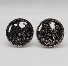 Vintage Men&#39;s Asian Inspired Man with Wagon Silver Tone Round Cufflinks - $24.18