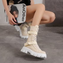  mid calf boots autumn winter punk genuine leather boots women zipper cross tied riding thumb200