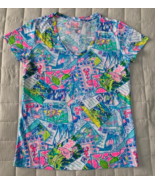 Lilly Pulitzer V-Neck T-Shirt Multi Wish You Were Here Postcards Size L ... - $26.98
