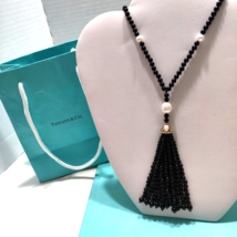 NEW Tiffany &amp; Co Ziegfeld Onyx Pearl Tassel Necklace 32&quot; Rare - Pouch &amp; Box - £963.80 GBP